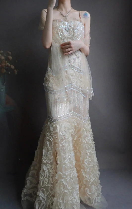 Elegant Spaghetti Strap Mermaid Long Prom Dresses Beaded Tulle Sequin Evening Dresses EP04790
