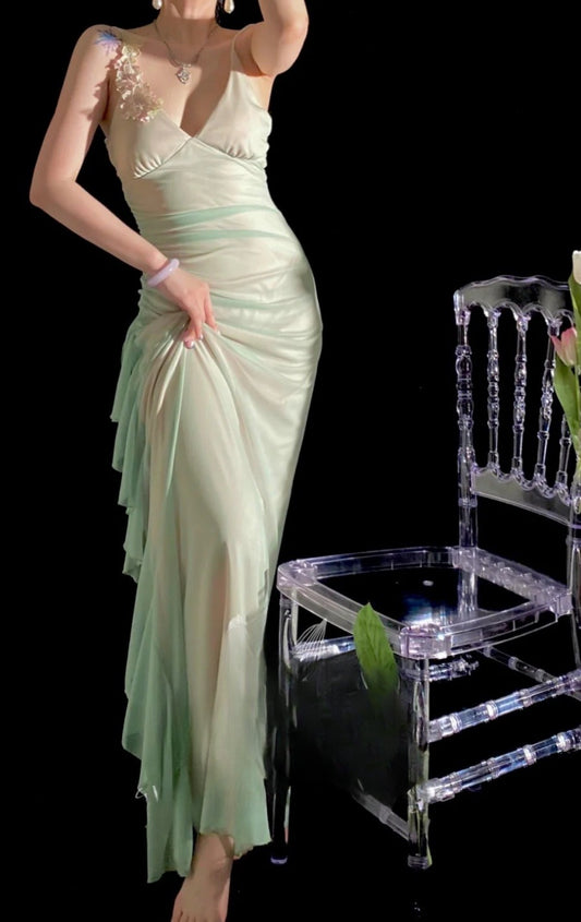 Elegant Spaghetti Strap Sheath Long Prom Dresses Chiffon Green Wedding Guest Dresses EP04791