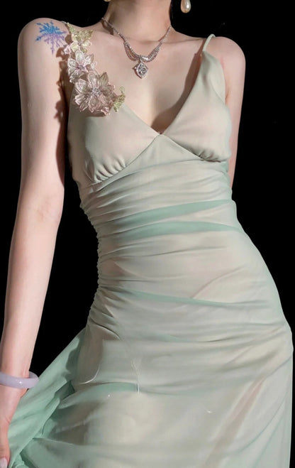 Elegant Spaghetti Strap Sheath Long Prom Dresses Chiffon Green Wedding Guest Dresses EP04791