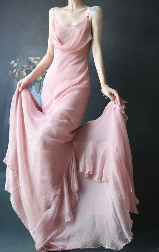 Chic Spaghetti Strap Sheath Long Prom Dresses Chiffon Dusty Pink Evening Dresses EP04792