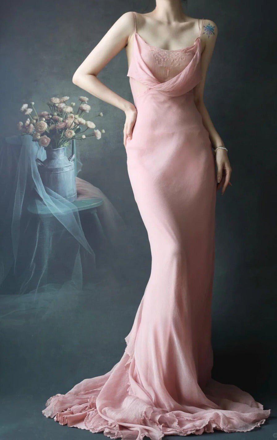 Chic Spaghetti Strap Sheath Long Prom Dresses Chiffon Dusty Pink Evening Dresses EP04792
