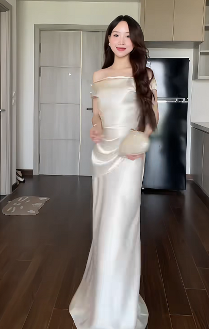 Elegant Off-the-shoulder Sheath Wedding Guest Dresses Satin Ivory Evening Dresses EP04793