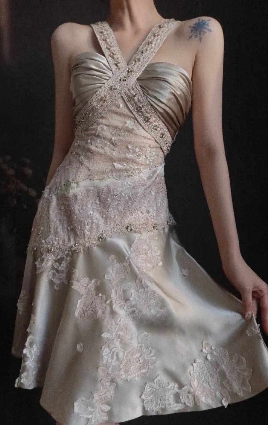 Elegant V-neck Sheath Wedding Guest Dresses Satin Lace Birthday Dresses EP04795
