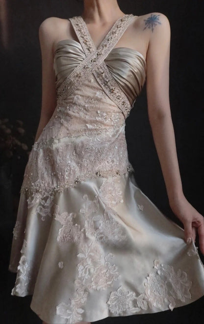 Elegant V-neck Sheath Wedding Guest Dresses Satin Lace Birthday Dresses EP04795