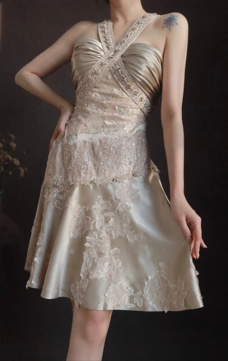 Elegant V-neck Sheath Wedding Guest Dresses Satin Lace Birthday Dresses EP04795