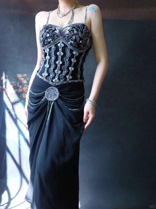 Vintage Spaghetti Strap Sheath Wedding Guest Dresses Black Birthday Dresses Chiffon Beaded Formal Dresses EP04796