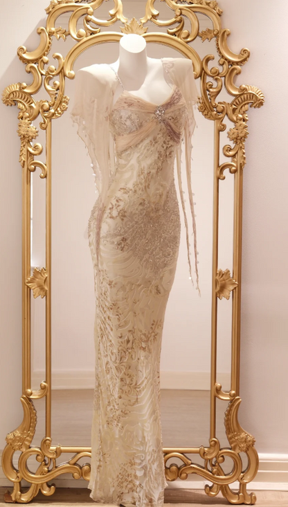 Robes d'anniversaire élégantes bleu dégradé, col en V, paillettes, mousseline, fourreau, robes de bal, robes de soirée ED04456