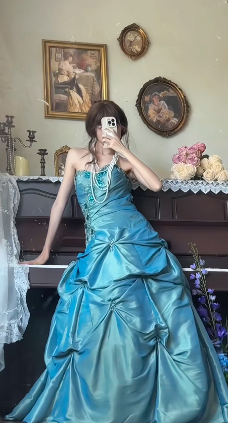 Vintage Sweetheart A-Line Blue Long Prom Dresses Taffeta Blue Formal Dresses  EP05088