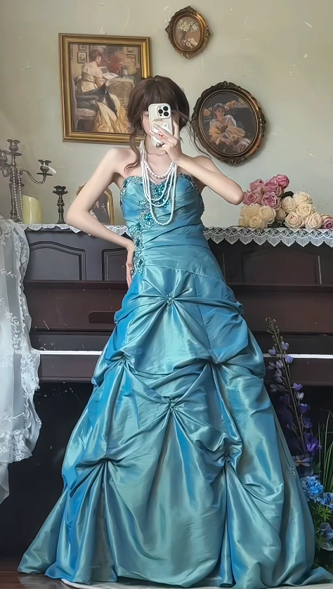 Vintage Sweetheart A-Line Blue Long Prom Dresses Taffeta Blue Formal Dresses  EP05088