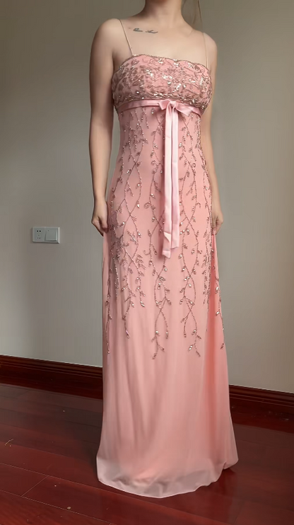 Fairy Spaghetti Strap Sheath Pink Long Prom Dresses Beaded Chiffon Pink Formal Dresses EP05089
