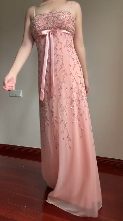 Fairy Spaghetti Strap Sheath Pink Long Prom Dresses Beaded Chiffon Pink Formal Dresses EP05089