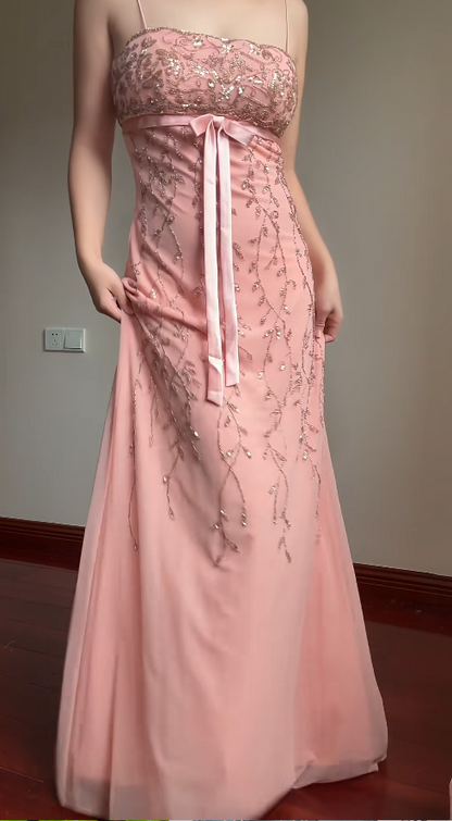 Fairy Spaghetti Strap Sheath Pink Long Prom Dresses Beaded Chiffon Pink Formal Dresses EP05089