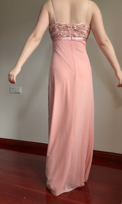 Fairy Spaghetti Strap Sheath Pink Long Prom Dresses Beaded Chiffon Pink Formal Dresses EP05089