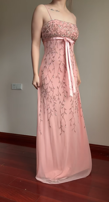 Fairy Spaghetti Strap Sheath Pink Long Prom Dresses Beaded Chiffon Pink Formal Dresses EP05089