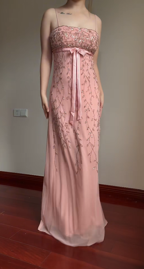 Fairy Spaghetti Strap Sheath Pink Long Prom Dresses Beaded Chiffon Pink Formal Dresses EP05089
