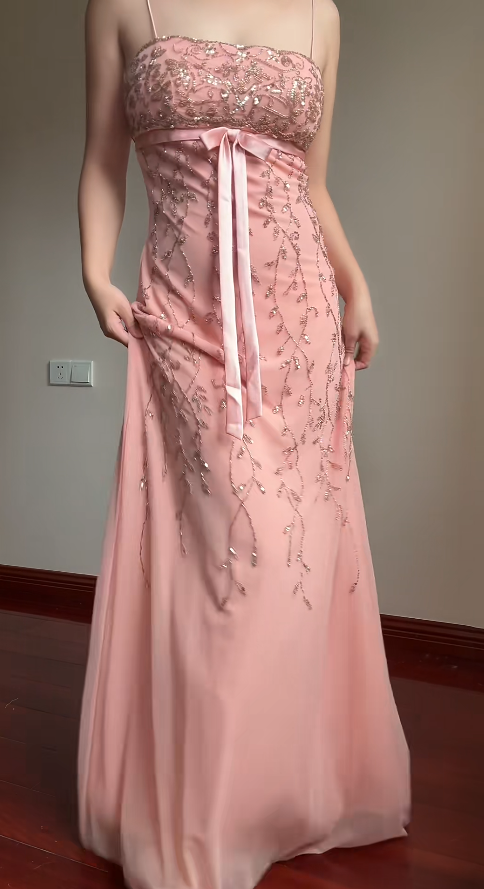 Fairy Spaghetti Strap Sheath Pink Long Prom Dresses Beaded Chiffon Pink Formal Dresses EP05089