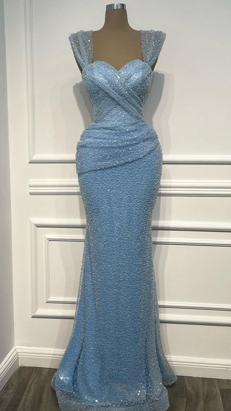 Chic Sweetheart Mermaid Blue Long Prom Dresses Tulle Beaded Blue Birthday Dresses EP05101