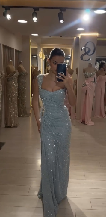 Elegant Strap Sheath Sky Blue Long Prom Dresses, Glitter Tulle Sky Blue Evening Dresses EP05106