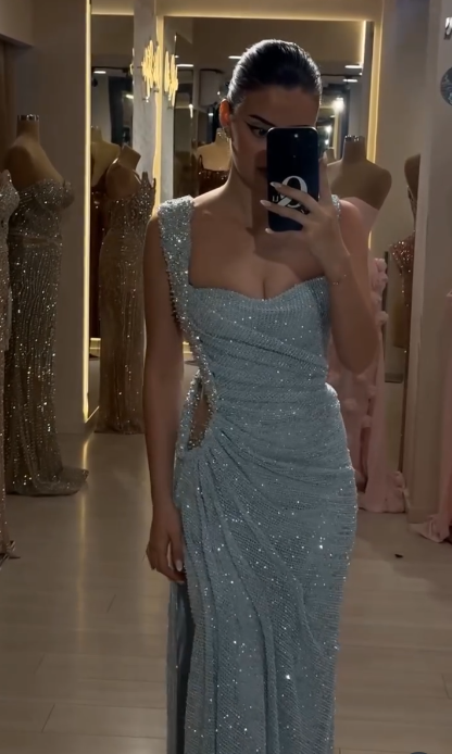 Elegant Strap Sheath Sky Blue Long Prom Dresses, Glitter Tulle Sky Blue Evening Dresses EP05106