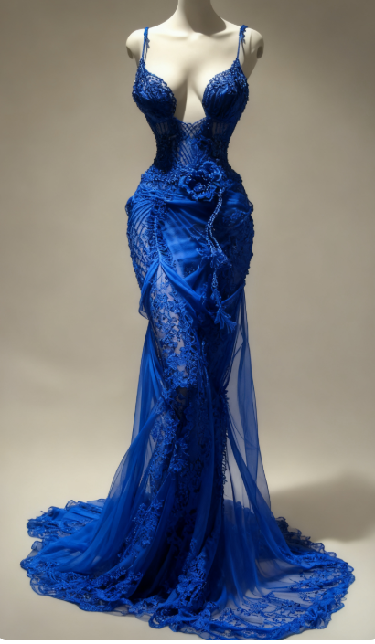 Sexy Spaghetti Strap Mermaid Royal Blue Long Prom Dresses Sleeveless Lace Royal Blue Evening Dresses EP05109