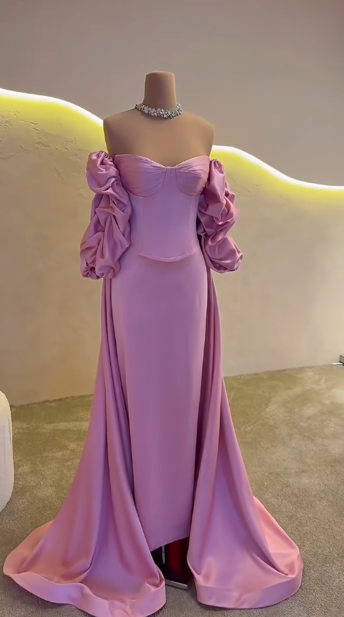 Elegant Off-the-shoulder Sheath Pink Long Prom Dresses Satin Pink Evening Dresses EP05111