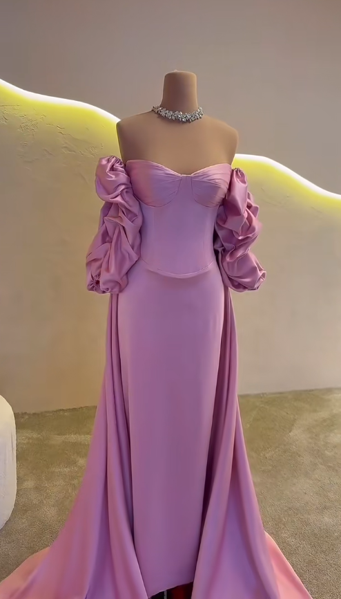 Elegant Off-the-shoulder Sheath Pink Long Prom Dresses Satin Pink Evening Dresses EP05111
