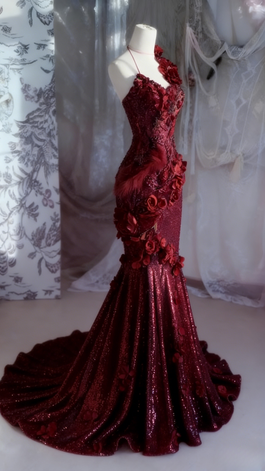 Elegant Halter Mermaid Burgundy Long Prom Dresses Sequin Burgundy Evening Dresses EP05112