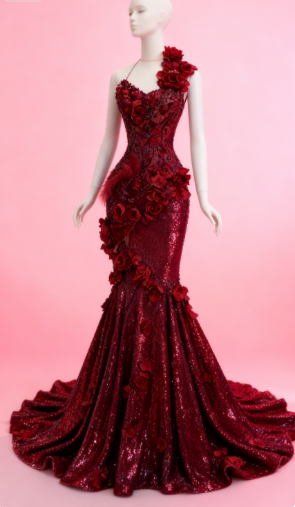 Elegant Halter Mermaid Burgundy Long Prom Dresses Sequin Burgundy Evening Dresses EP05112