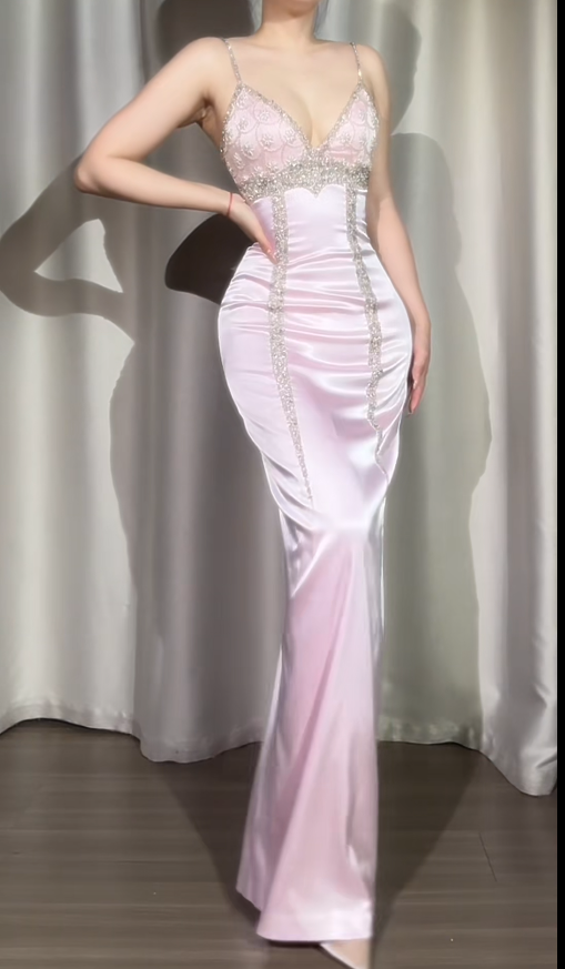 Vintage Spaghetti Strap Sheath Pink Long Prom Dresses Satin Beaded Pink Wedding Guest Dresses EP05113