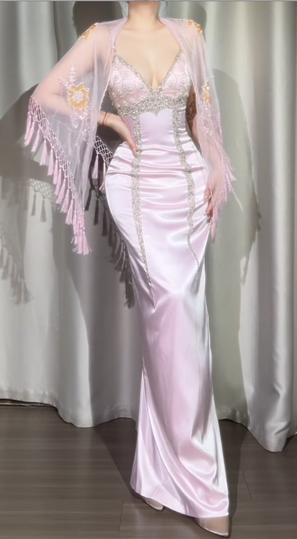 Vintage Spaghetti Strap Sheath Pink Long Prom Dresses Satin Beaded Pink Wedding Guest Dresses EP05113