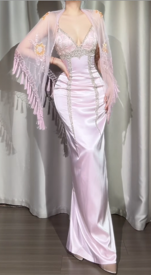 Vintage Spaghetti Strap Sheath Pink Long Prom Dresses Satin Beaded Pink Wedding Guest Dresses EP05113