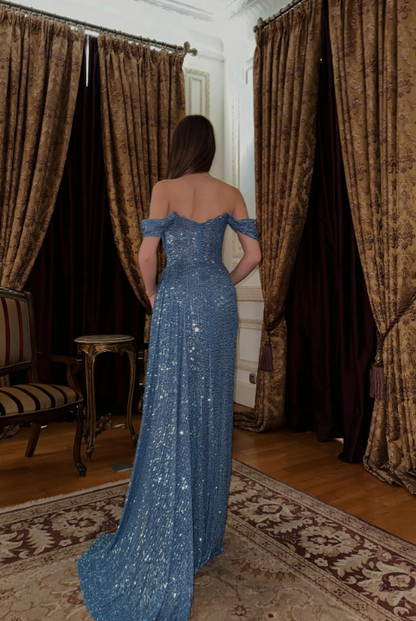 Glam Off-the-shoulder Sheath Blue Long Prom Dresses with Slit Sequins Blue Wedding Guest Dresses EP05114