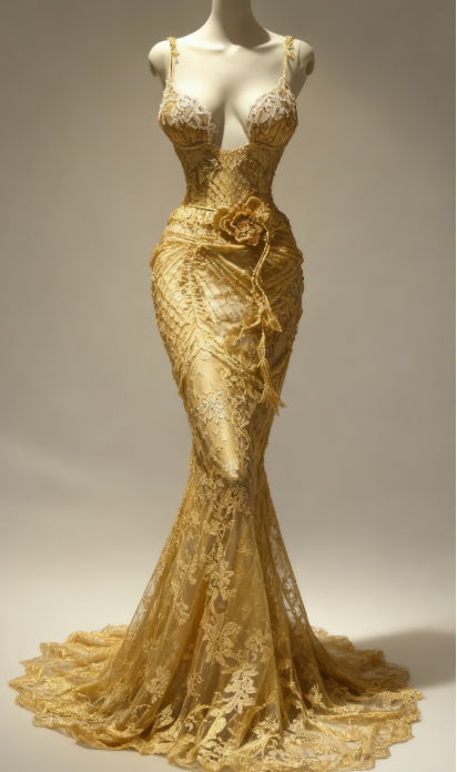 Glam Spaghetti Strap Mermaid Gold Long Prom Dresses Lace Applique Gold Formal Dresses EP05115