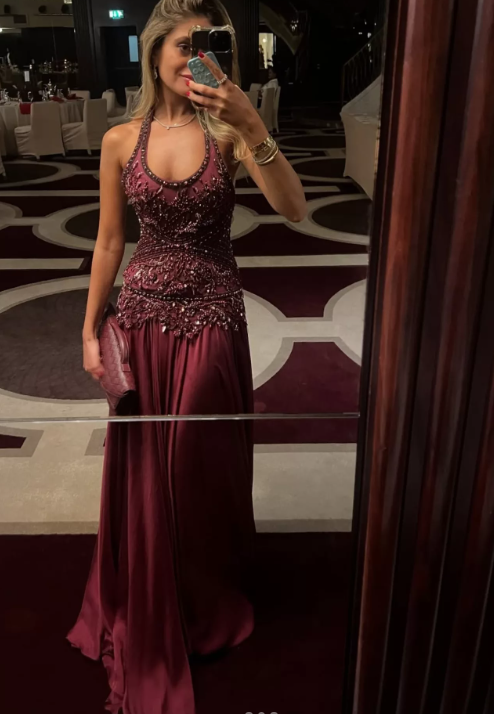 Glam Halter Sheath Burgundy Long Prom Dresses Chiffon Beading Burgundy Formal Dresses EP05116