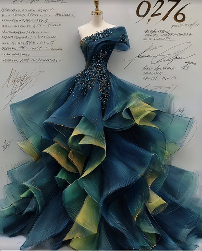 Robes d'anniversaire élégantes bleu dégradé, col en V, paillettes, mousseline, fourreau, robes de bal, robes de soirée ED04456