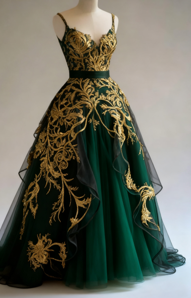 Gorgeous Spaghetti Strap Ball Gown Dark Green Long Prom Dresses Tulle Dark Green Quinceanera Dresses Gold Applique Sweet 16 Dress EP05119