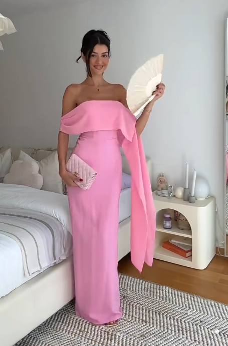 Elegant Off-the-shoulder Sheath Pink Long Prom Dresses Chiffon Pink Wedding Guest Dresses EP05120