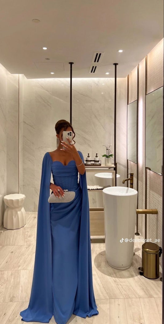 Elegant Sweetheart Neck Sheath Blue Long Prom Dresses Long Sleeve Blue Wedding Guest Dresses EP05122