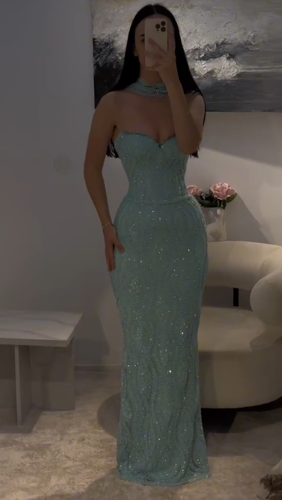 Elegant Sweetheart Sheath Tiffany Blue Long Prom Dresses Sparkly Sleeveless Tiffany Blue Birthday Dresses EP05125
