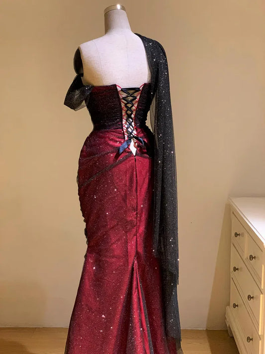 Elegant Sweetheart Sheath Burgundy Long Prom Dresses Black Tulle Sleeveless Birthday Dresses EP05126