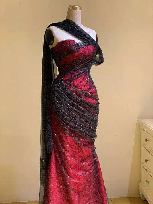 Elegant Sweetheart Sheath Burgundy Long Prom Dresses Black Tulle Sleeveless Birthday Dresses EP05126