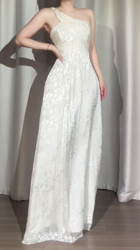 Chic One Shoulder Sheath White Long Prom Dresses Chiffon Sleeveless White Evening Dresses EP05127