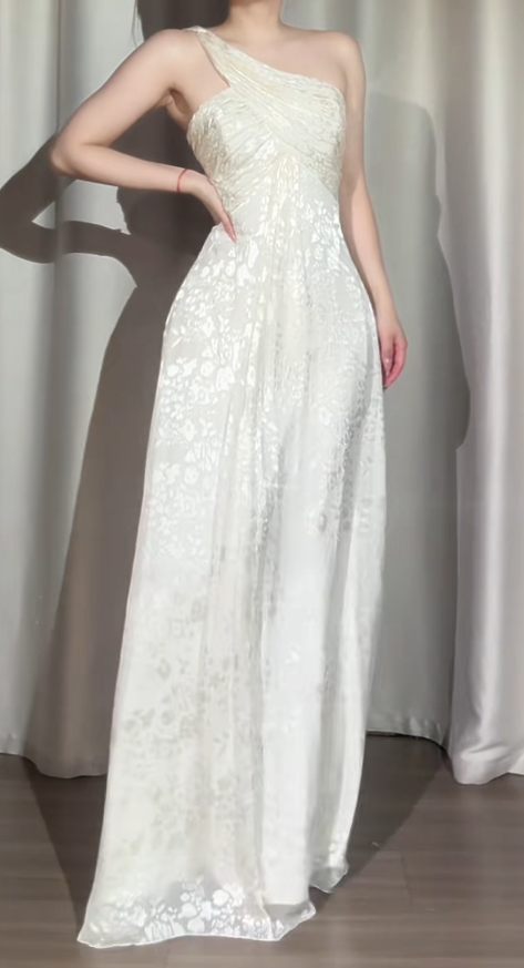 Chic One Shoulder Sheath White Long Prom Dresses Chiffon Sleeveless White Evening Dresses EP05127