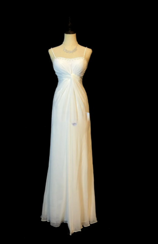 Chic Spaghetti Strap Sheath White Long Prom Dresses Chiffon Beaded Sleeveless White Evening Dresses EP05128