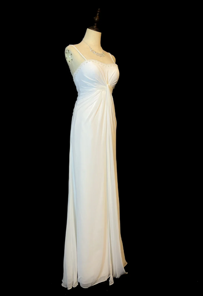 Chic Spaghetti Strap Sheath White Long Prom Dresses Chiffon Beaded Sleeveless White Evening Dresses EP05128