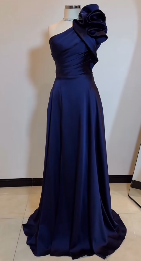 Chic One Shoulder A-Line Midnight Blue Long Prom Dresses Satin Midnight Blue Bridesmaid Dresses EP05132