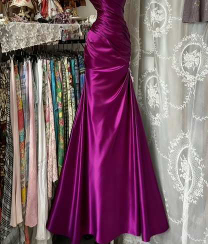 Chic Strapless Sheath Purple Long Prom Dresses Satin Purple Bridesmaid Dresses EP05133