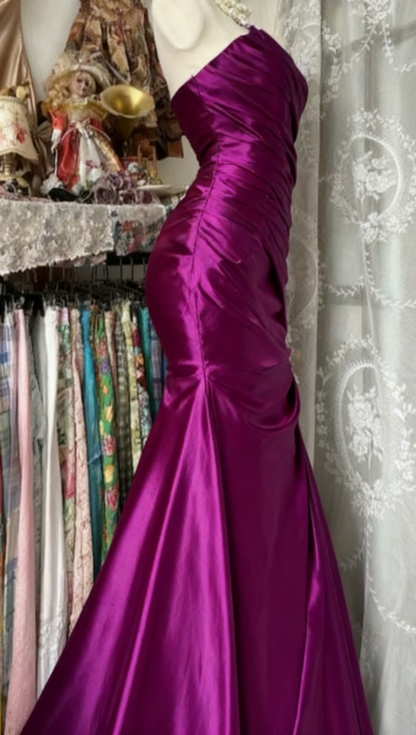 Chic Strapless Sheath Purple Long Prom Dresses Satin Purple Bridesmaid Dresses EP05133