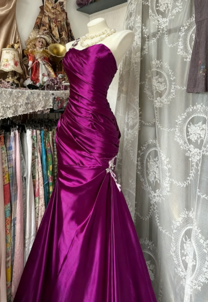 Chic Strapless Sheath Purple Long Prom Dresses Satin Purple Bridesmaid Dresses EP05133