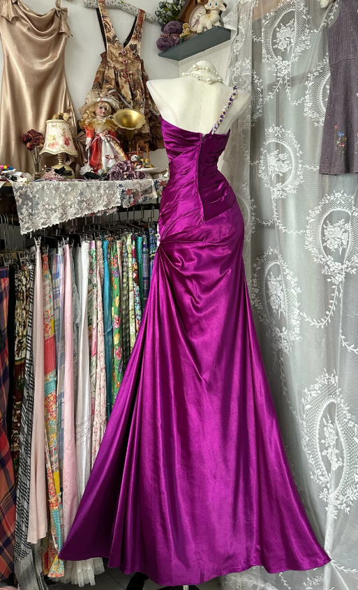 Chic Strapless Sheath Purple Long Prom Dresses Satin Purple Bridesmaid Dresses EP05133